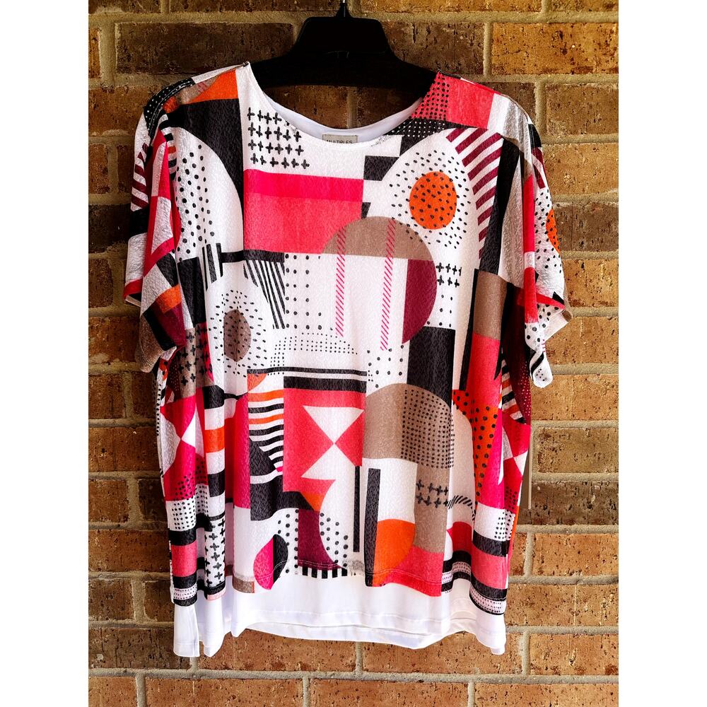 Multiples Womens Multicolor Abstracts Round Neck Short Sleeve Blouse Size 1X NWT